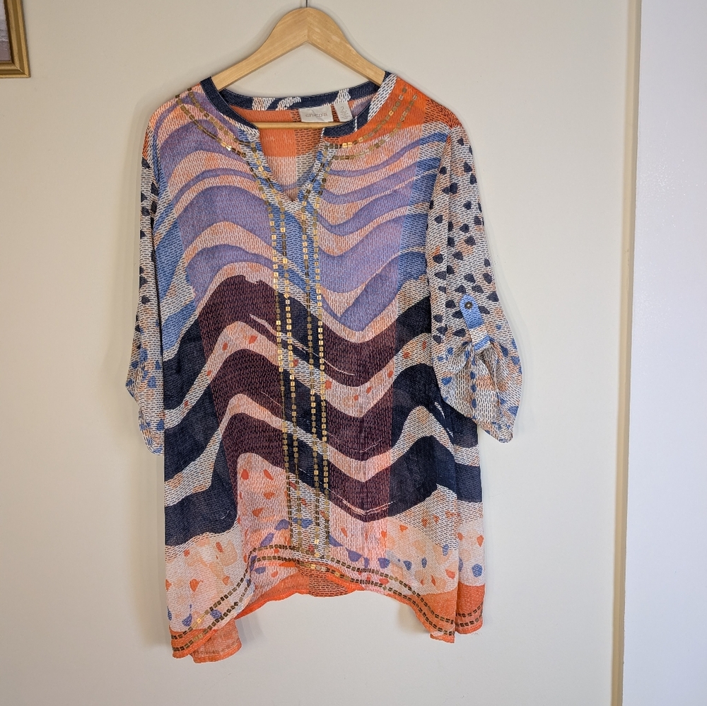 Chico's Tunic Top Size 2 Orange Blue Abstract Beaded Split Neck Sheer Art